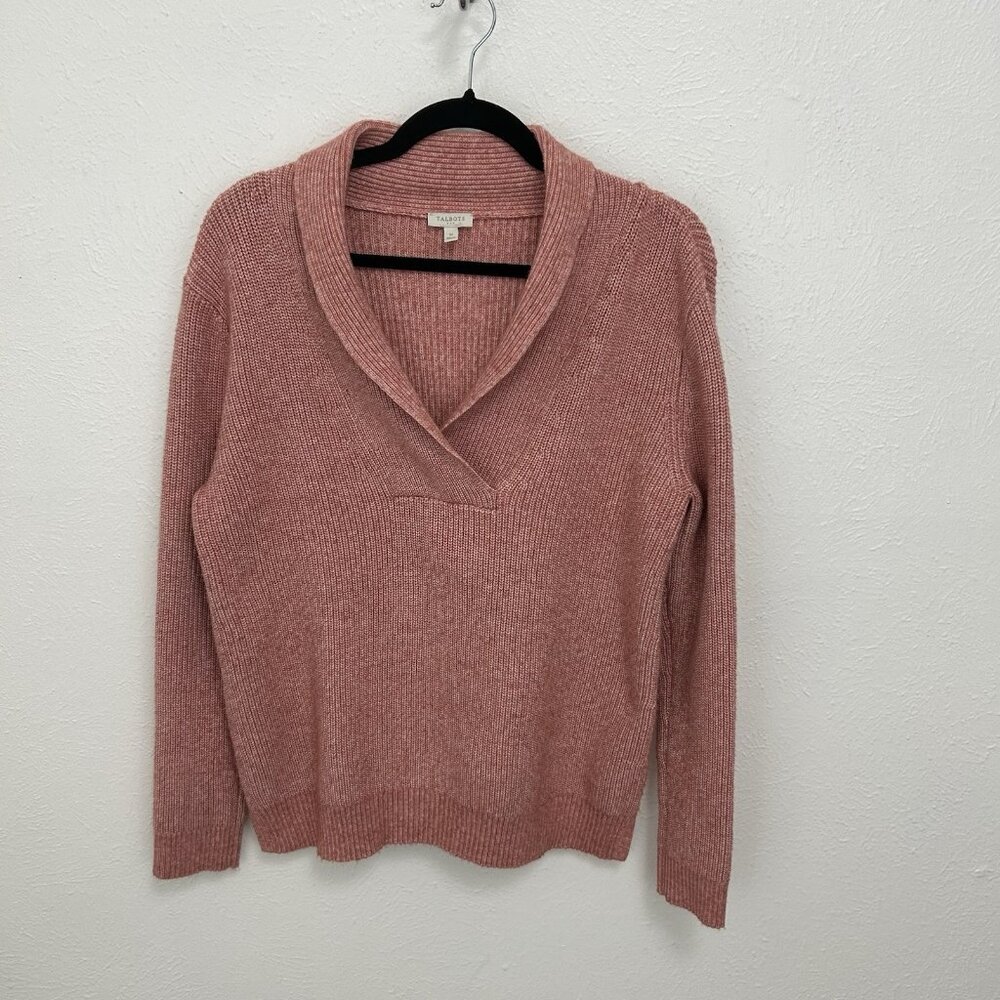 Talbots Shawl Collar Shaker Stitch Pullover Wool Blend Sweater Speckled Pink M